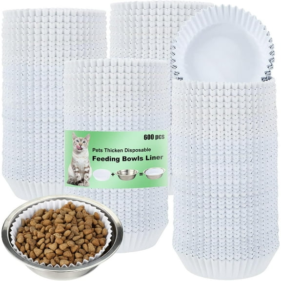 600 Pcs Large Pet Disposable Feeding Bowls Liner Bulk Cat Food Small Paper Dish for Dogs Cats Wet Station(White,Classic)