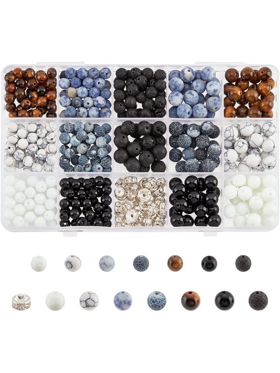 600 Pcs Natural Stone Beads Kit 6mm 8mm Natural Gemstone Beads Loose Round Stone Beads with Rhinestone Spacer Beads for DIY Necklaces Jewelry Making