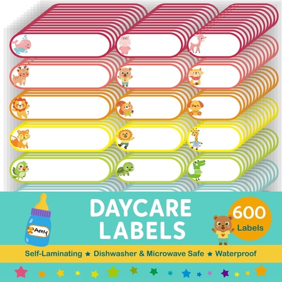 CHUBBIEE 600-Count Self-Laminating Name Labels for Kids, Waterproof Daycare Bottle & Food Container Stickers, 3 Sizes