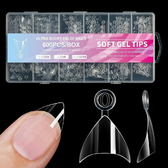 600 Pcs/Set Soft Gels Tips Press On Nail Short Half Cover Tips Clear Nail Tips False Nails Tips for Nail Salons