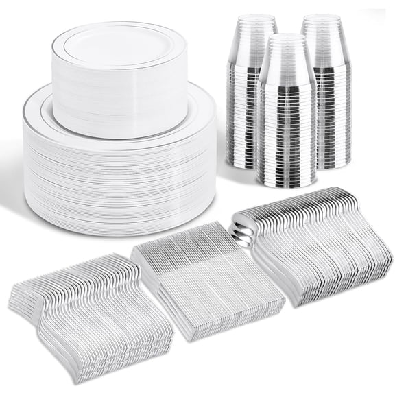 600 Pcs Silver Disposable Dinnerware Set for 100 Guests - Includes 100 Dinner Plates, 100 Salad Plates, 100 Spoons, 100 Forks, 100 Knives, and 100 Cups - Party & Event Tableware Kit