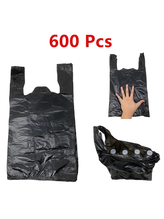 600 Pcs T-Shirt Bag Black Plastic Bag Carry Out for Shopping and Storage 17.5"x 6"x 10"