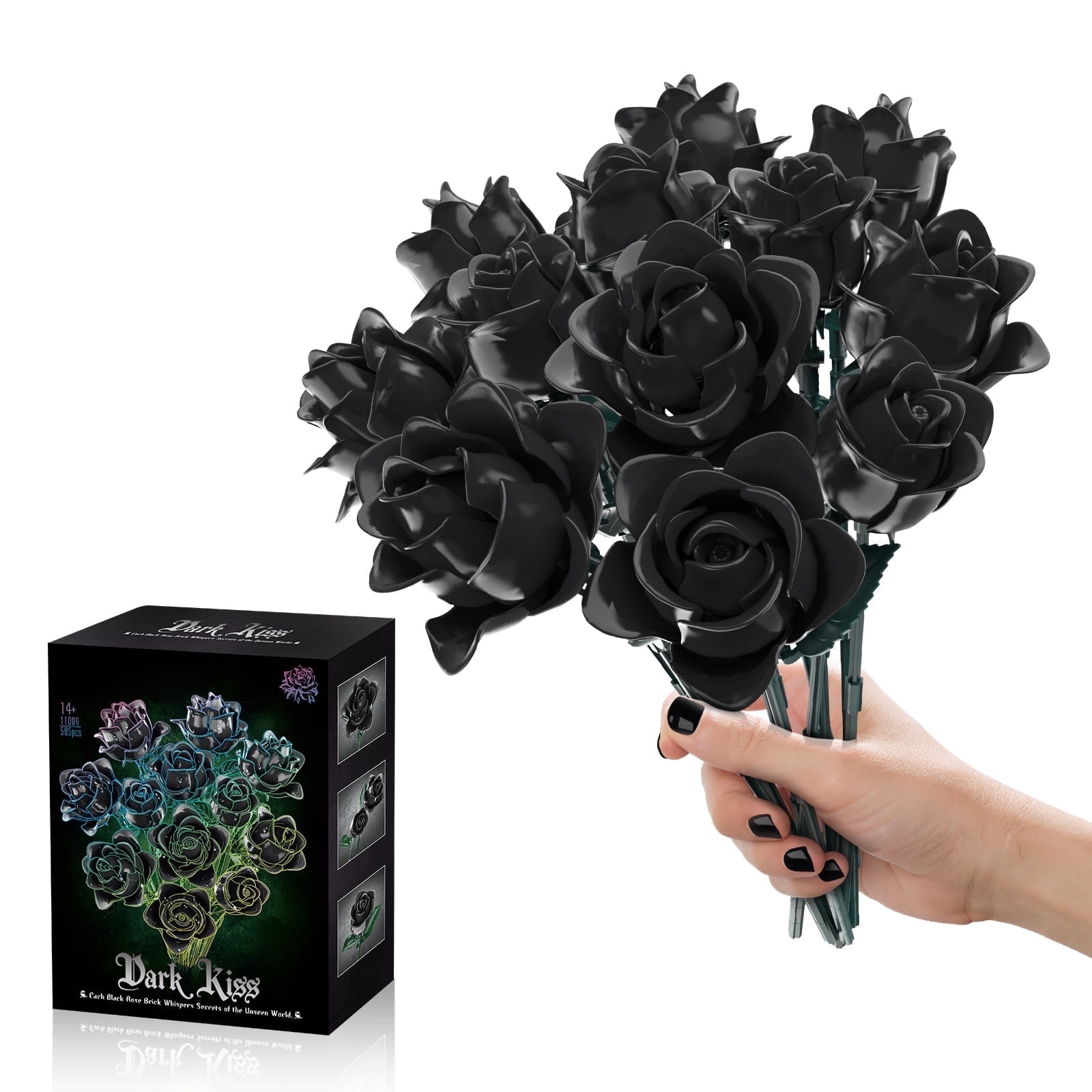 SENVOBK Black Rose Bouquet Building Set, 600-Piece Artificial