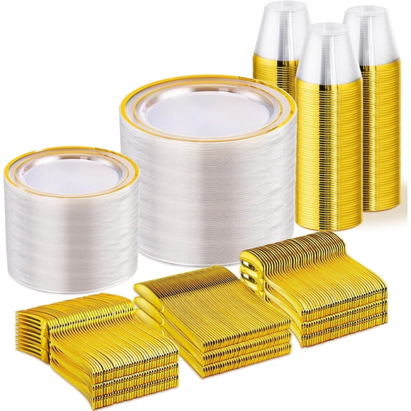 600-Piece Clear Gold Disposable Dinnerware Set for 100 Guests Plastic Plates Cups and Cutlery