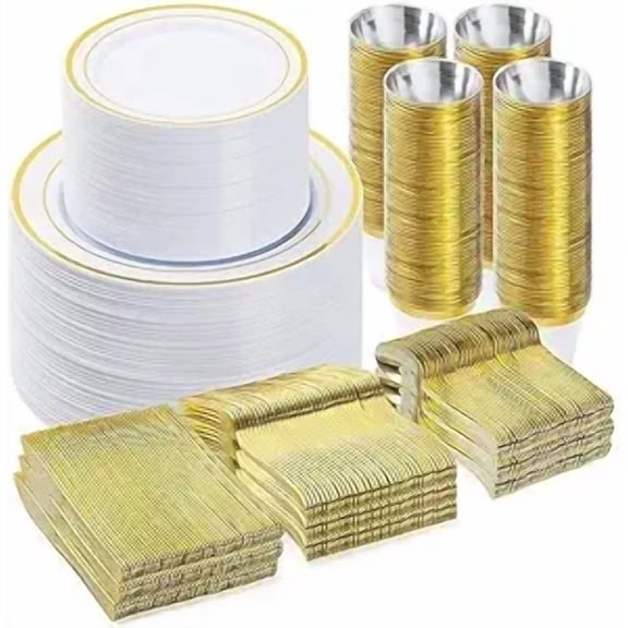600-Piece Gold Disposable Dinnerware Set for 100 Guests Including Plates Cups and Flatware