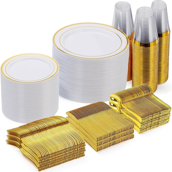 600 Piece Gold Disposable Dinnerware Set for 100 Guests Including Plates Cups and Utensils