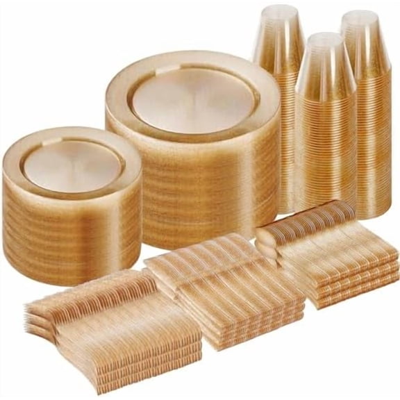600 Piece Gold Glitter Disposable Plates for 100 Guests, Plates for Party, Wedding, Dinnerware Set of 100 Dinner, 100 Salad Plates, 100 Spoons, 100 Forks, 100 Knives, 100 Cups