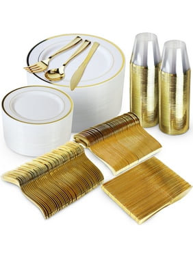 600 Piece Gold Plastic Dinnerware Set Including Plates, Cutlery and Cups