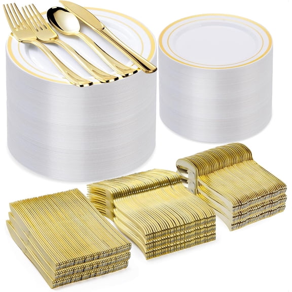 600-Piece Gold Plastic Dinnerware Set for 100 Guests Includes Plates Forks Spoons and Knives