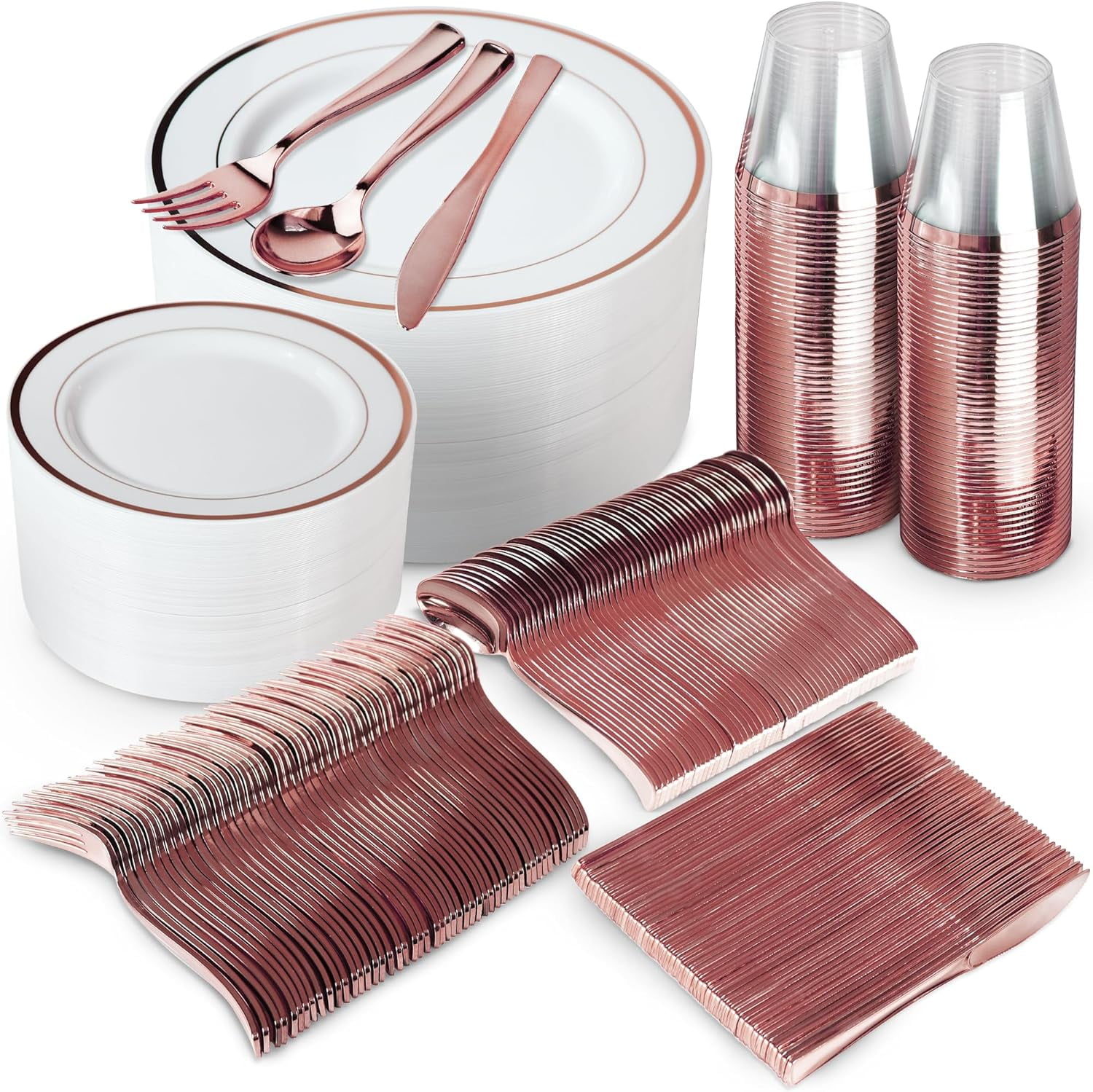 600 Piece Rose Gold Dinnerware Set 200 White and Rose Gold Plastic