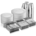 thumbnail image 1 of 600 Piece Silver Dinnerware Set -100 Silver Rim 10 inch Plastic Plates 100 Silver Rim 7 Inch Plates -300 Silver Plastic Silverware -100 Silver Plastic Cups -100 Guest Disposable Silver Dinnerware Set, 1 of 8