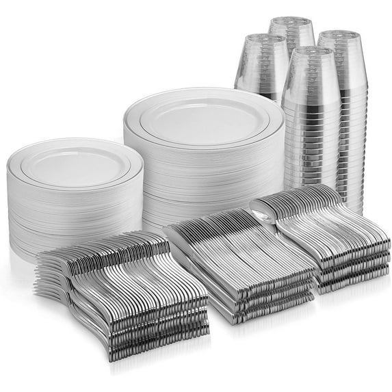 600 Piece Silver Dinnerware Set -100 Silver Rim 10 inch Plastic Plates 100 Silver Rim 7 Inch Plates -300 Silver Plastic Silverware -100 Silver Plastic Cups -100 Guest Disposable Silver Dinnerware Set