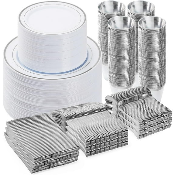 600-Piece Silver Disposable Dinnerware Set for 100 Guests Including Plates Cups and Flatware