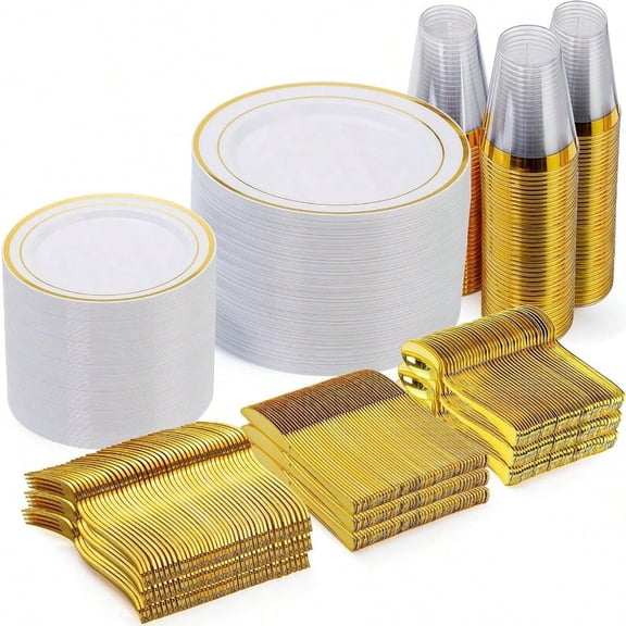 600 Pieces Gold Disposable Plates for 100 Guests Plastic Plates for Party Dinnerware Set of 100 Dinner and 100 Dert Plates 100 Spoons 100 Forks 100 Knives 100 Cups