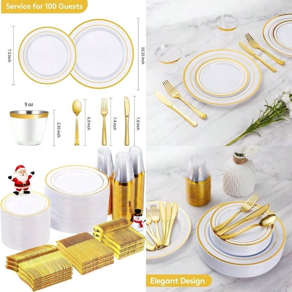 600 Pieces Gold Disposable Plates for 100 Guests Plastic Plates for Party Dinnerware Set of 100 Dinner and 100 Dert Plates 100 Spoons 100 Forks 100 Knives 100 Cups