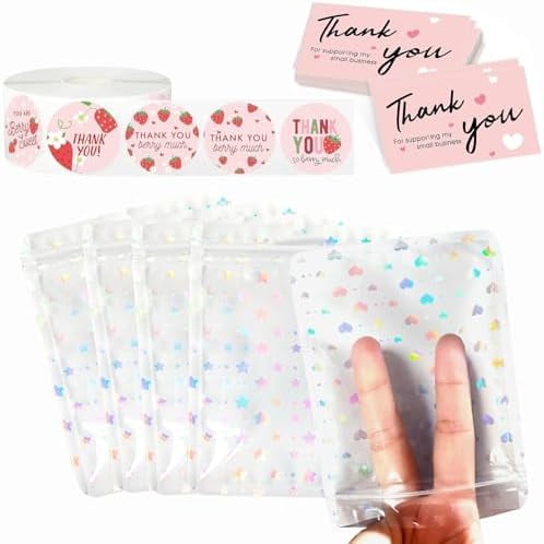 600 Pieces Resealable Packaging Bag, Thank Cards and Stickers Set Thank Gold Foil Stickers for Supporting My Small Business Suitable for Business Owners