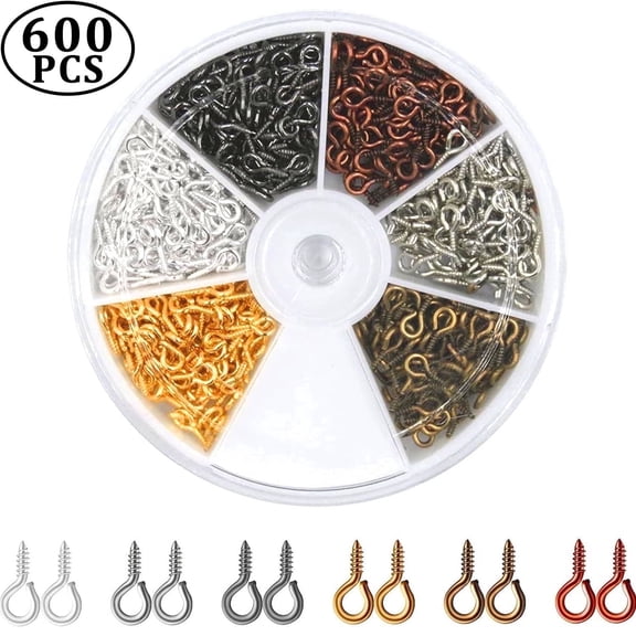 OFEFE 600 Pieces Screw Eye Pins, 6 Colors Mini Metal Hoop Peg, 10mm x 4.5mm Screw Pins Hooks,Eye Pins for Jewelry Making.
