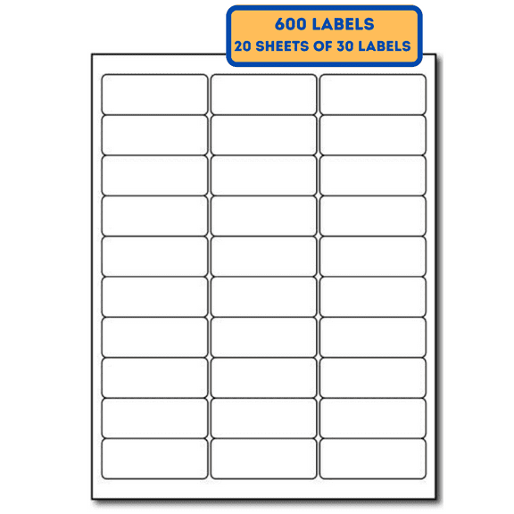 600 Product Sticker Labels 30 Per Page Compatible with Any Laser or Inkjet Printers, Use for Barcode, Address Labels, Shipping, and Organizing 20 Sheets / 600 Labels 1" x 2-5/8" Each Label