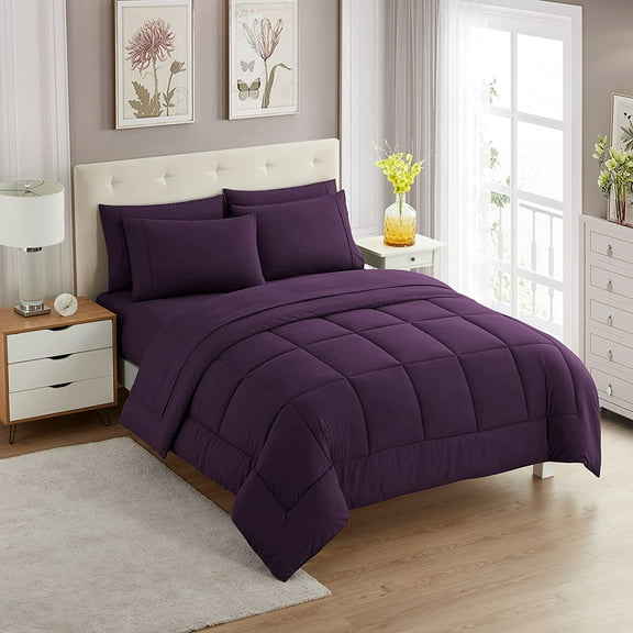 600-TC 100% Egyptian Cotton Down Alternative Comforter Oversized Queen Size 98" x 98" Inches, 1pc Comforter Box Stitched with 4 Corner Tabs, 300 GSM Comforter, (Purple)