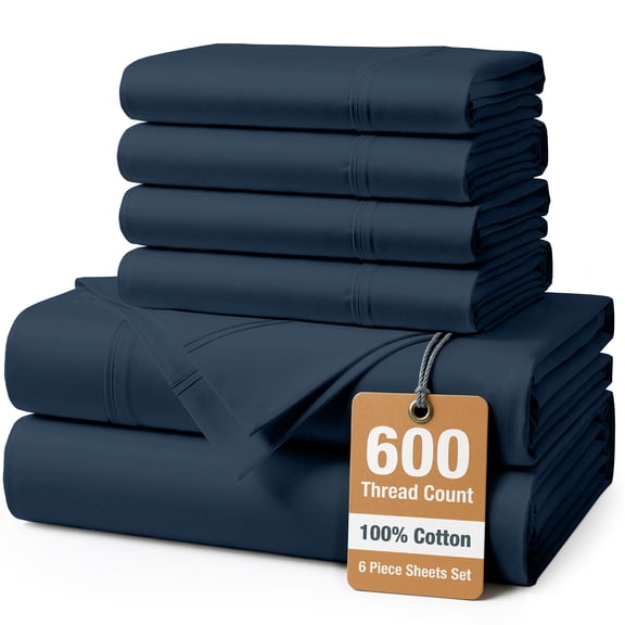 Casa Platino 600 Thread Count Queen Sheet Set – 6 Piece 100% Cotton Sheets, Everyday Luxury, Soft, Low Pill, 15” Deep Pocket Elasticized Fitted Sheet, Machine Washable – Denim