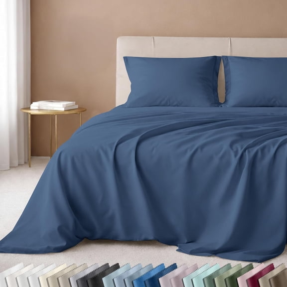 600 Thread Count 100% Cotton Sateen Queen Sheet Set with Deep Pockets Dusty Navy Blue