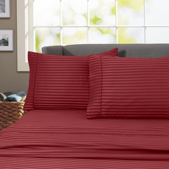 600 Thread Count 100% Cotton Wrinkle Free Striped Sheet Set (Full, Burgundy)