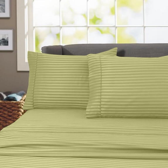 600 Thread Count 100% Cotton Wrinkle Free Striped Sheet Set (Full, Sage)