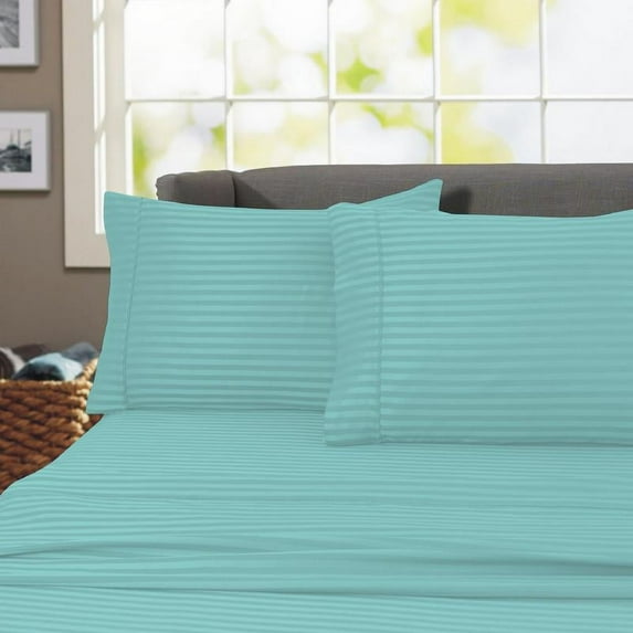 600 Thread Count 100% Cotton Wrinkle Free Striped Sheet Set (King, Aqua)