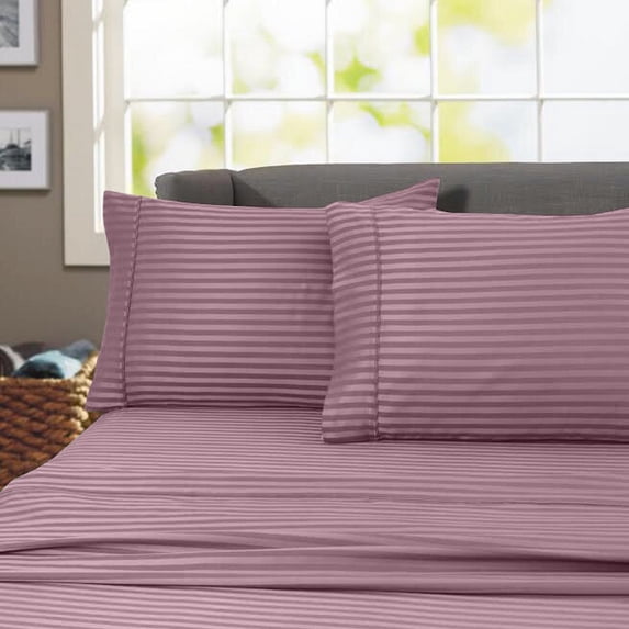 600 Thread Count 100% Cotton Wrinkle Free Striped Sheet Set (King, Purple)