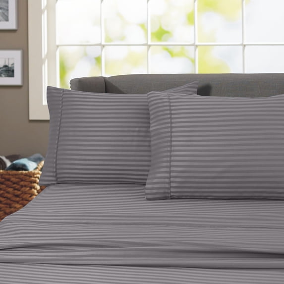 600 Thread Count 100% Cotton Wrinkle Free Striped Sheet Set (Queen, Gray)