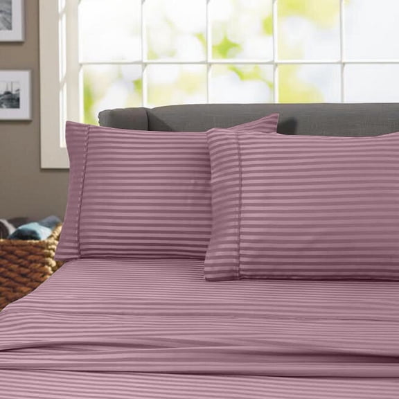 600 Thread Count 100% Cotton Wrinkle Free Striped Sheet Set (Queen, Purple)