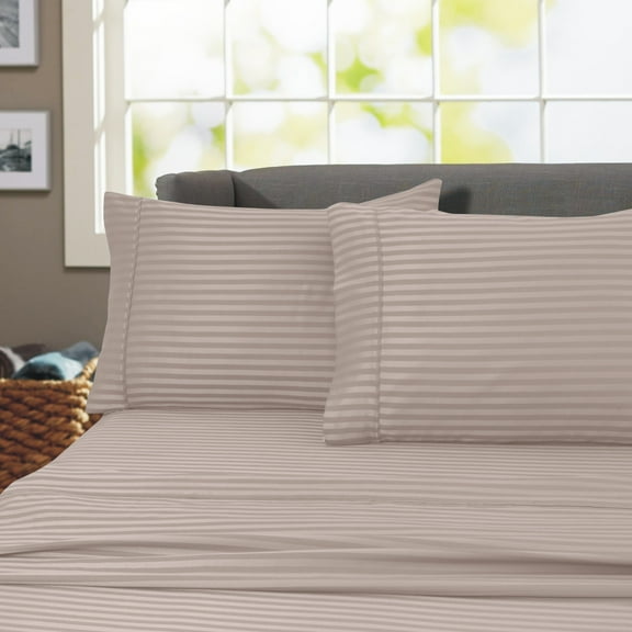 600 Thread Count 100% Cotton Wrinkle Free Striped Sheet Set (Queen, Taupe)