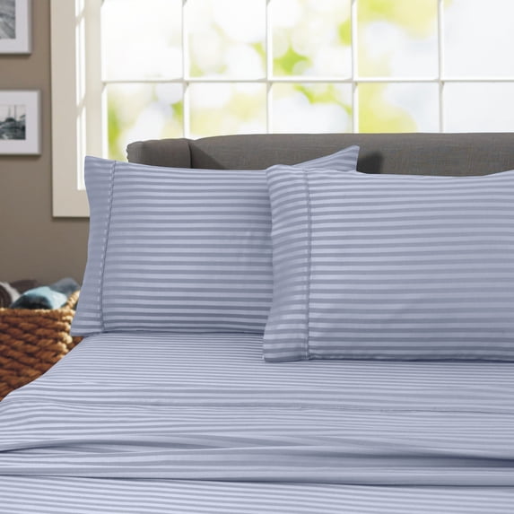 600 Thread Count 100% Cotton Wrinkle Free Striped Sheet Set (Twin, Blue)
