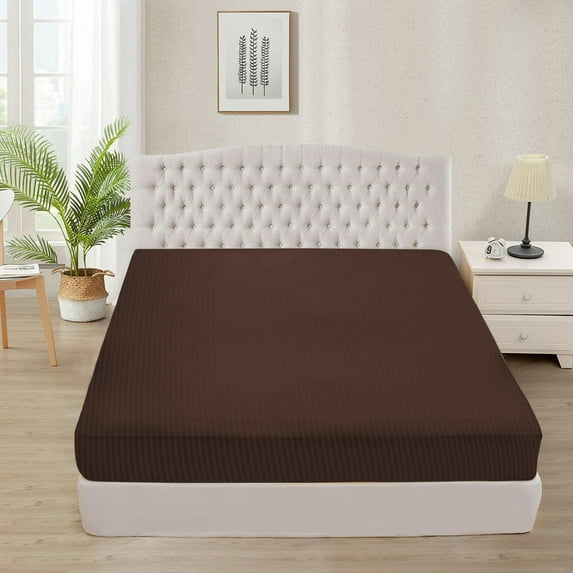 600 Thread Count 100% Egyptian Cotton 3-Piece Fitted Sheet ( 1 Fitted Sheet + 2 Pillow Covers) 18 Inches Deep Pocket Size Queen Color Chocolate Stripe