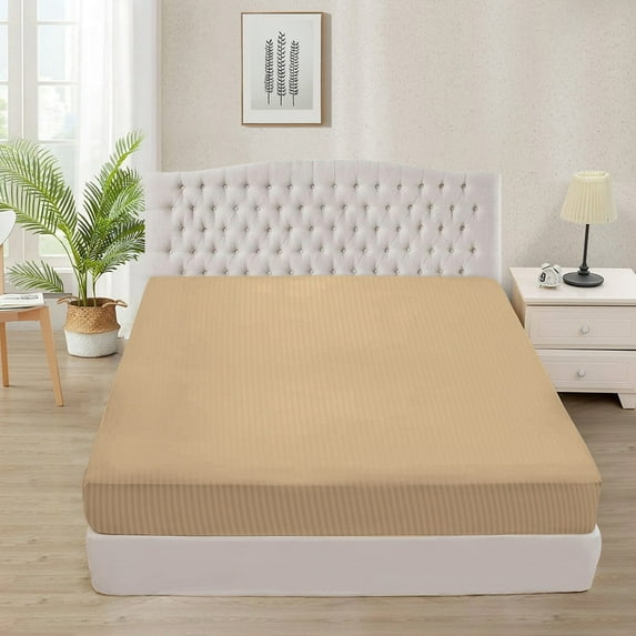 600 Thread Count 100% Egyptian Cotton 3-Piece Fitted Sheet ( 1 Fitted Sheet + 2 Pillow Covers) 24 Inches Deep Pocket Size Full Color Taupe Stripe