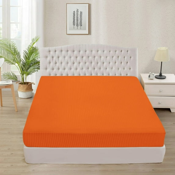 600 Thread Count 100% Egyptian Cotton 3-Piece Fitted Sheet ( 1 Fitted Sheet + 2 Pillow Covers) 24 Inches Deep Pocket Size Queen Color Orange Stripe