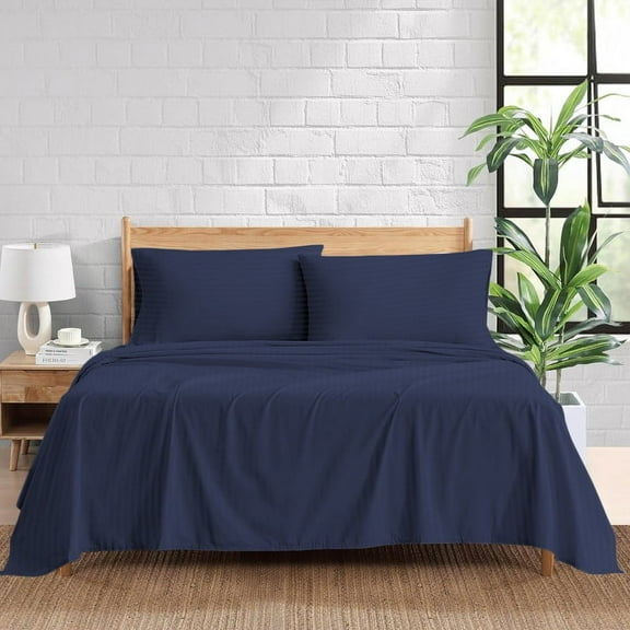 600 Thread Count 100% Egyptian Cotton 4-Piece Bed Sheet Set (1 Flat, 1 Fitted Sheet, 2 Pillow Covers) 18 Inches Deep Pocket Size Full Color Navy Blue Stripe