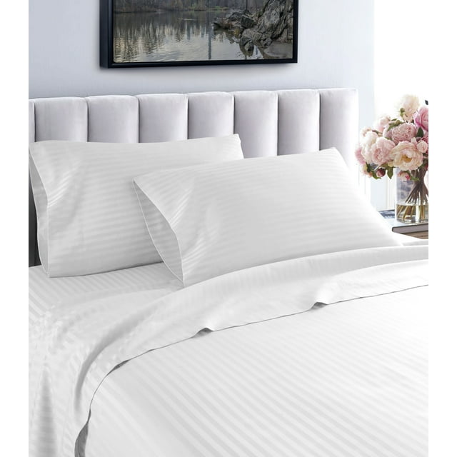 600 Thread Count 100% Egyptian Cotton Striped Sheet Set - Deep Pocket Sheets (Full, White)