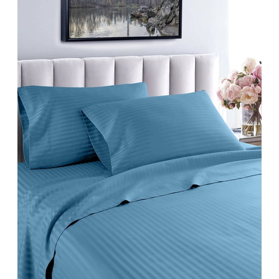 600 Thread Count 100% Egyptian Cotton Striped Sheet Set - Deep Pocket Sheets (Queen, Teal)
