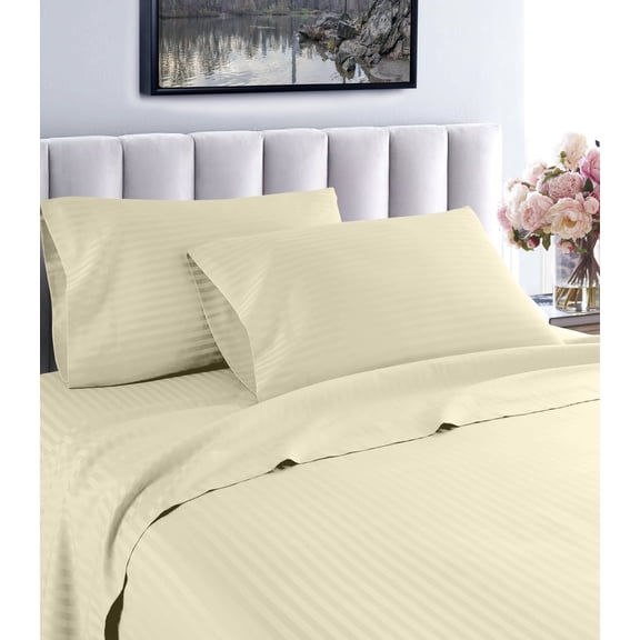 600 Thread Count 100% Egyptian Cotton Striped Sheet Set - Deep Pocket Sheets (Twin XL, Ivory)