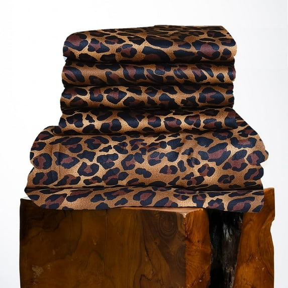 600 Thread Count, 100% Giza Egyptian Cotton Bedding Set, 6-PC Sheets Set, 15 Inch Deep Pocket of Fitted Sheet, Soft Sateen Weave Breathable - Leopard Print, Olympic Queen