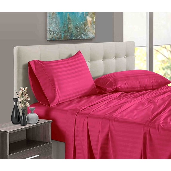 600 Thread Count 100% Long Staple Egyptian Cotton Soft Combed, 4 Piece Sheets Set, Smooth & Soft Sateen Weave, Luxury Hotel Collection Bedding, Deep Pocket Fitted (Queen, Hot Pink Stripe)