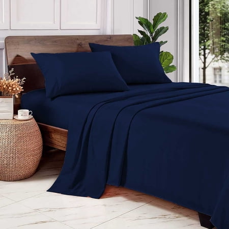 600 Thread Count 100% Long Staple Egyptian Cotton Soft Combed, 4 Piece Sheets Set, Smooth & Soft Sateen Weave, Luxury Hotel Collection Bedding, Deep Pocket Fitted (Twin, Navy Blue Solid)