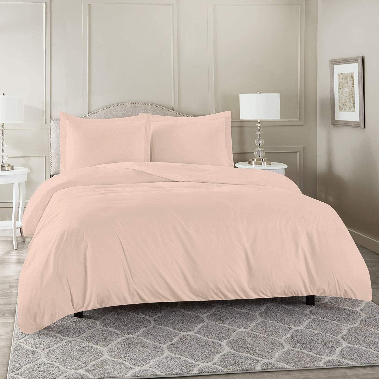 600 Thread Count 3 Piece Duvet Cover (90" x 90") Set 100% Egyptian Cotton with Zipper Closure & Corner Ties Ultra Soft & Easy Care with 2 Pillow Shams (Queen/Full,) Blush Solid