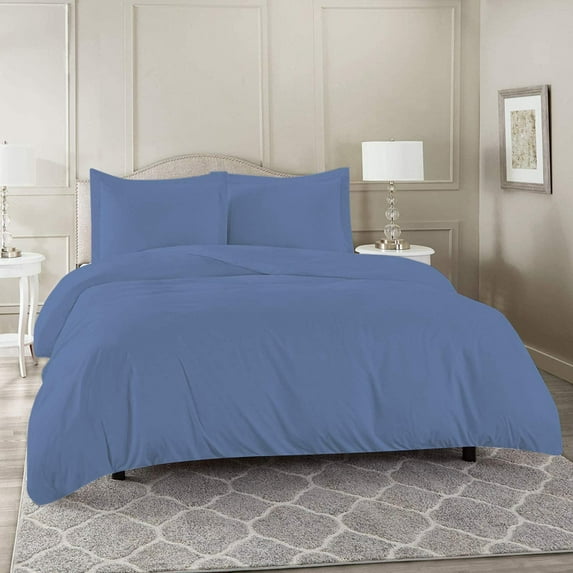 600 Thread Count 3 Piece Duvet Cover (90" x 90") Set 100% Egyptian Cotton with Zipper Closure & Corner Ties Ultra Soft & Easy Care with 2 Pillow Shams (Queen/Full,) Medium blue Solid