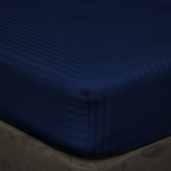 600 Thread Count 3 Piece Set , 100% Egyptian Cotton 12" Deep Pocket Fitted Bed Sheets , Fade Resistant Soft & Sateen Weave and Luxury, Full XXL Size -Navy Blue Stripe