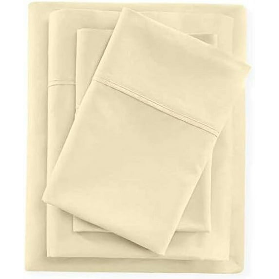 600 Thread Count 4 PC Bed Sheet Set, 100% Egyptian Cotton, 1 Flat Sheet, 1 Fitted Sheet and 2 Pillowcases, Cool and Breathable, 12" Deep Pocket - Full XL Size - Ivory Solid.