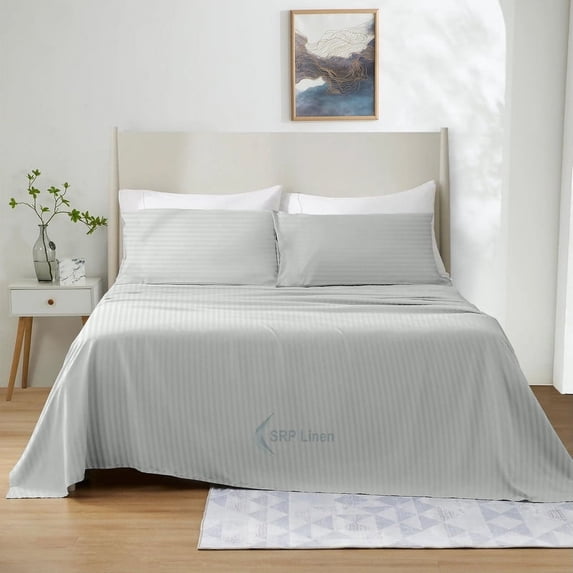 600 Thread Count 4 Piece Quality Sheet Set 12 Inch Deep Pocket 100% Egyptian Cotton Color Silver Grey Stripe Size California King