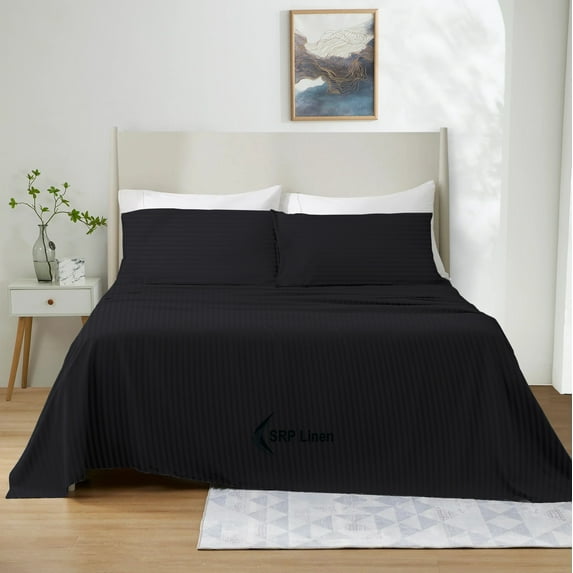 600 Thread Count 4 Piece Quality Sheet Set 18 Inch Deep Pocket 100% Egyptian Cotton Color Black Stripe Size California King