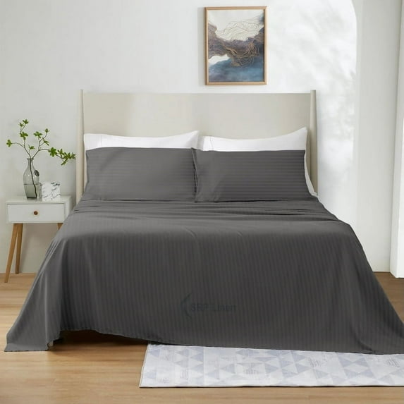 600 Thread Count 4 Piece Quality Sheet Set 18 Inch Deep Pocket 100% Egyptian Cotton Color Dark Grey Stripe Size Twin XL